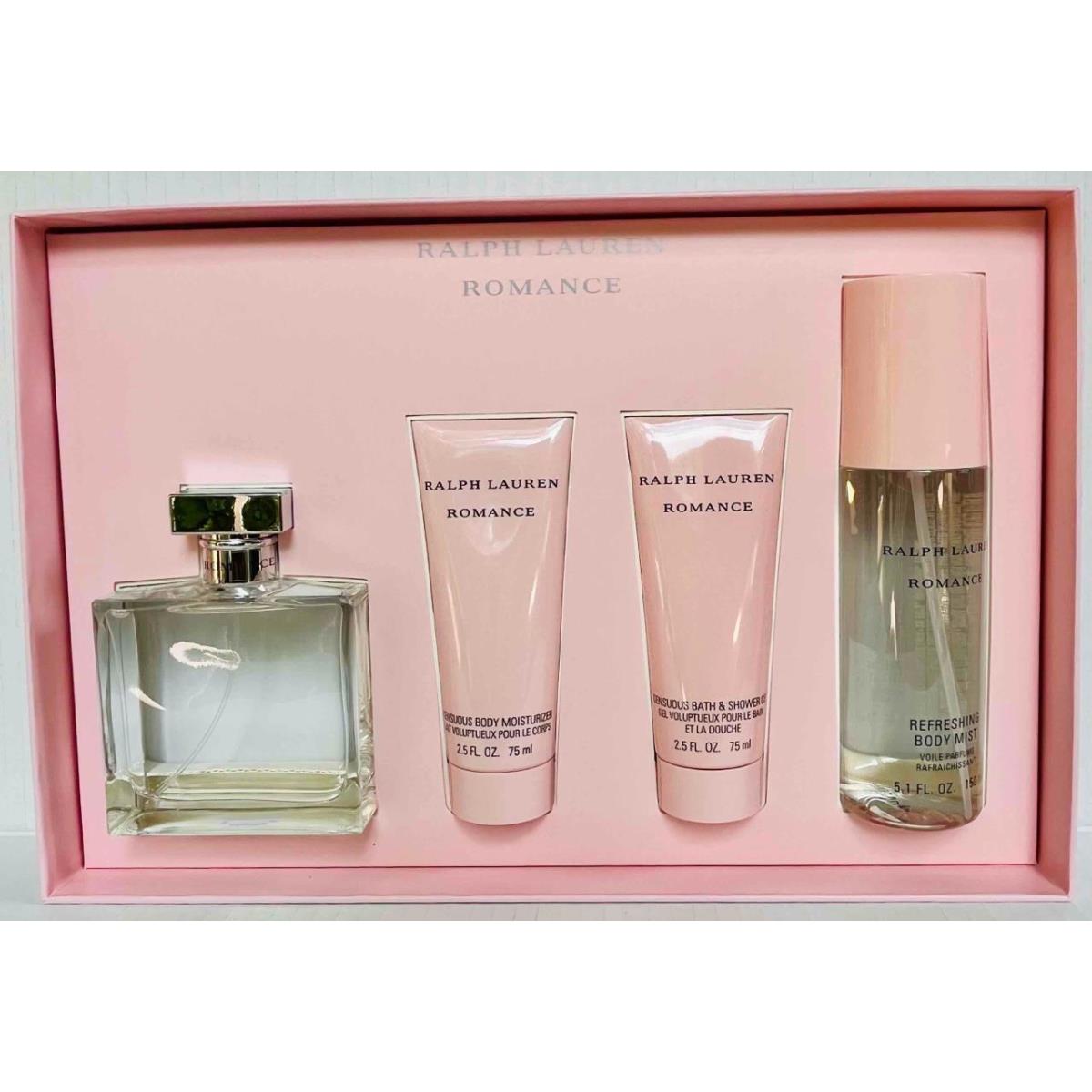 Ralph Lauren Romance Perfume 3.4 Oz/moisturizer/shower Gel/body Mist 4 PC Set