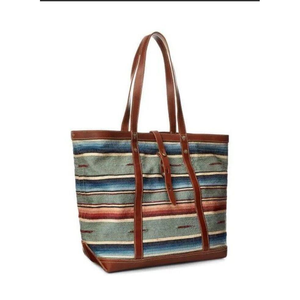 Rrl Ralph Lauren Hand Woven Jacquard Striped Canvas Leather Trim Tote Bag XL