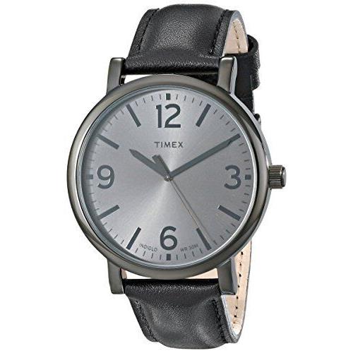 Timex Black Leather Band Large Black Tone Dial Watch T2P528