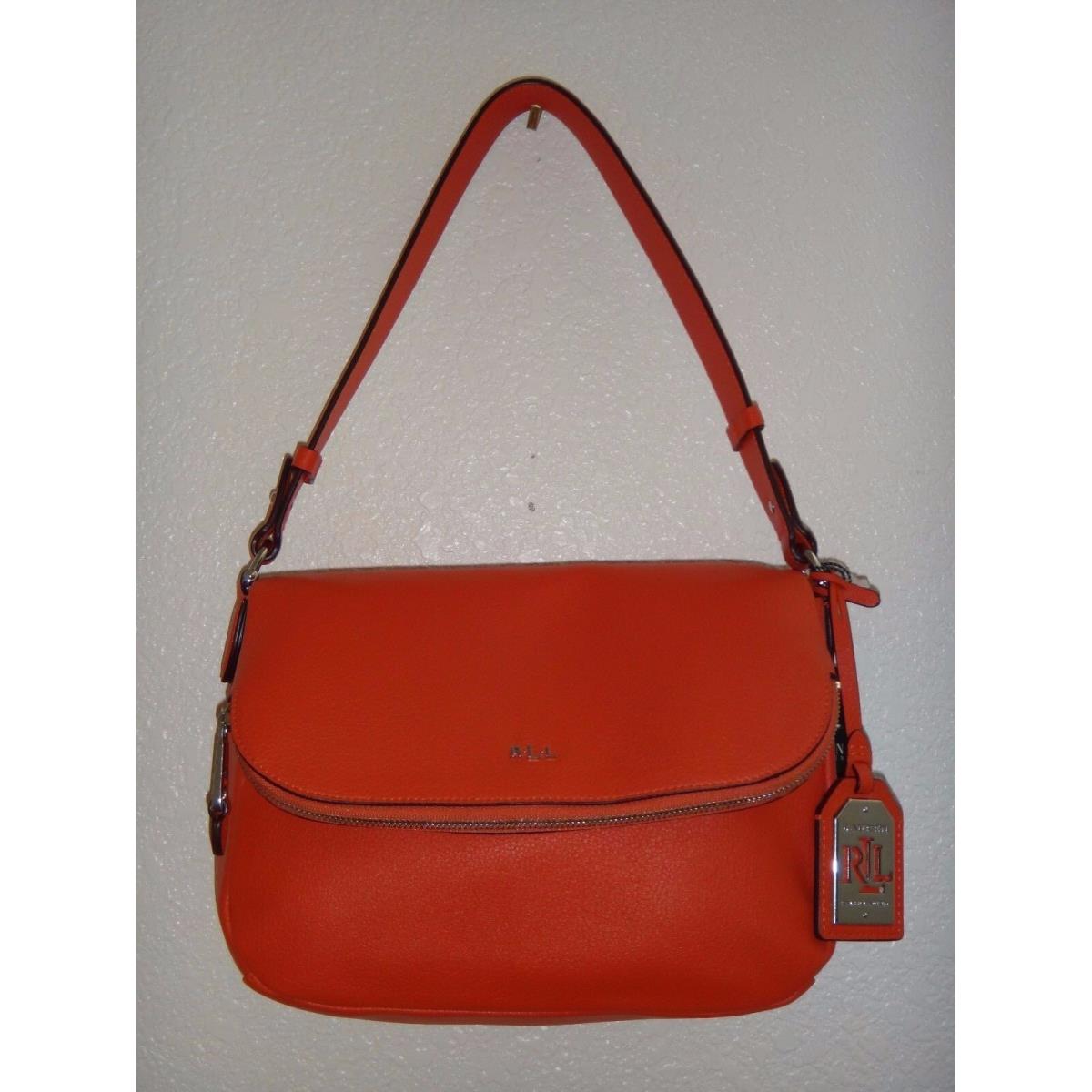 Ralph Lauren Harrington Women`s Flap Shoulder Bag Purse Orange Leather Silver