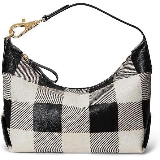 Ralph Lauren Womens Calf Hair Kassie Shoulder Bag Buffalo Check Black White