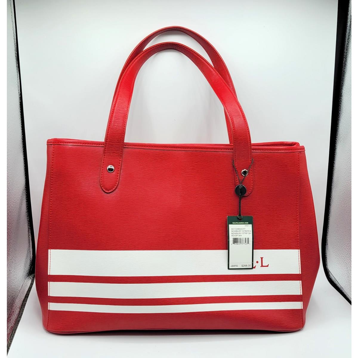 Ralph Lauren Women`s Large Red White Newbury Stripes Tote Shoulder Bag Purse