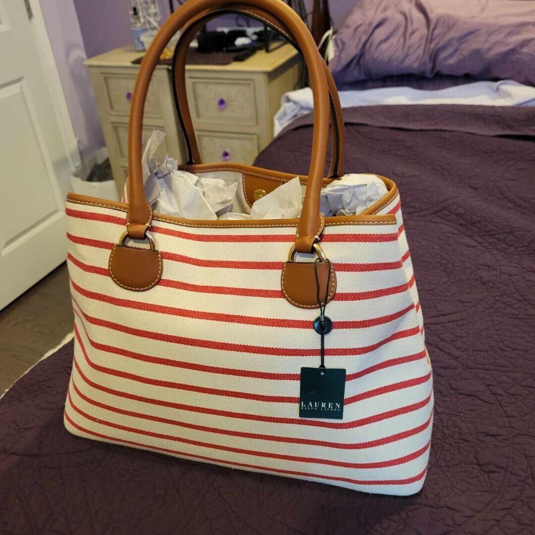 Women`s Ralph Lauren Large Tote Style Handbag - Tan Red Strips