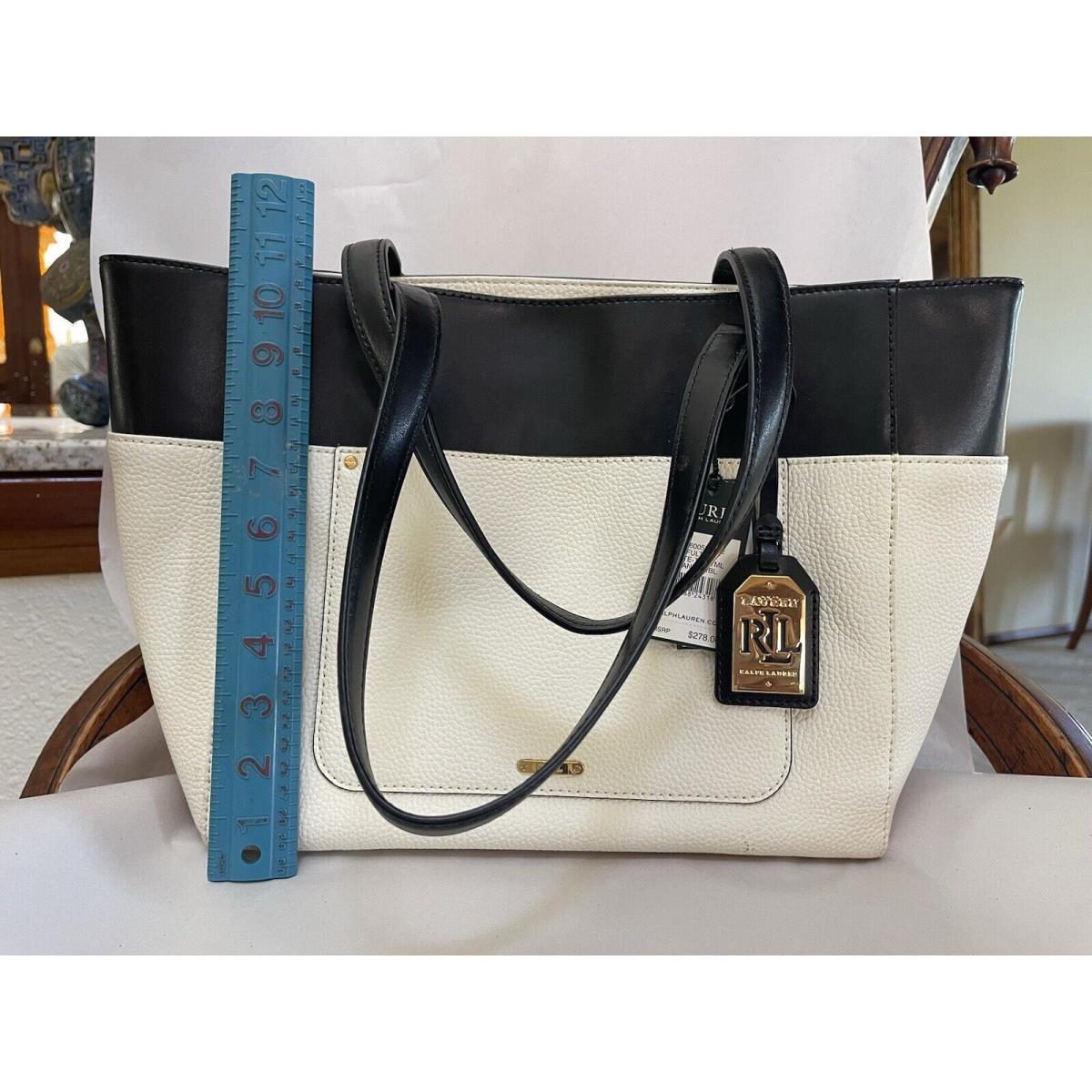 Lauren Ralph Lauren Black Ivory Vanilla Fulton Leather Shopper Tote Handbag