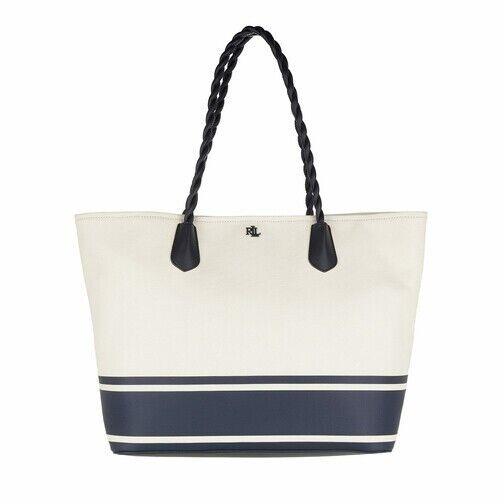 Lauren Ralph Lauren Large Tote Shoulder Bag Purse White Navy Blue