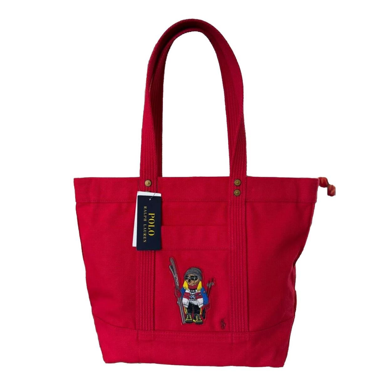 Nwt-polo Ralph Lauren Red Limited Edition Canvas Polo Ski Bear Zippered Tote Bag