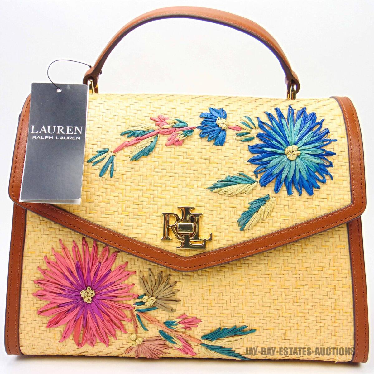 Lauren Ralph Lauren Floral Woven Straw Medium Farrah Satchel Leather Trim RL