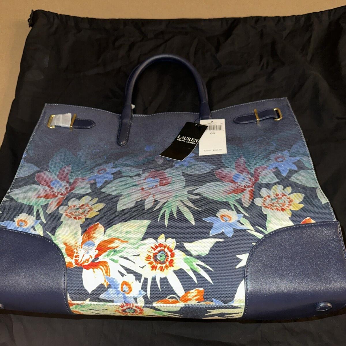 Lauren Ralph Lauren Devyn Canvas Floral Print Leather Trim Large Tote Bag Navy