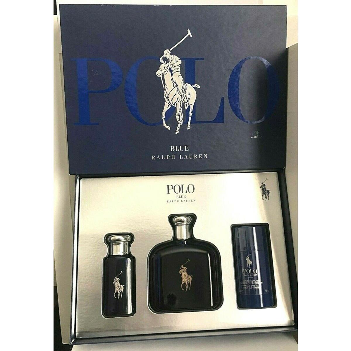 Polo Blue by Ralph Lauren 3pc Set Men 4.2 oz Edt+ Deodorant Stick 2.6 + Edt 1oz