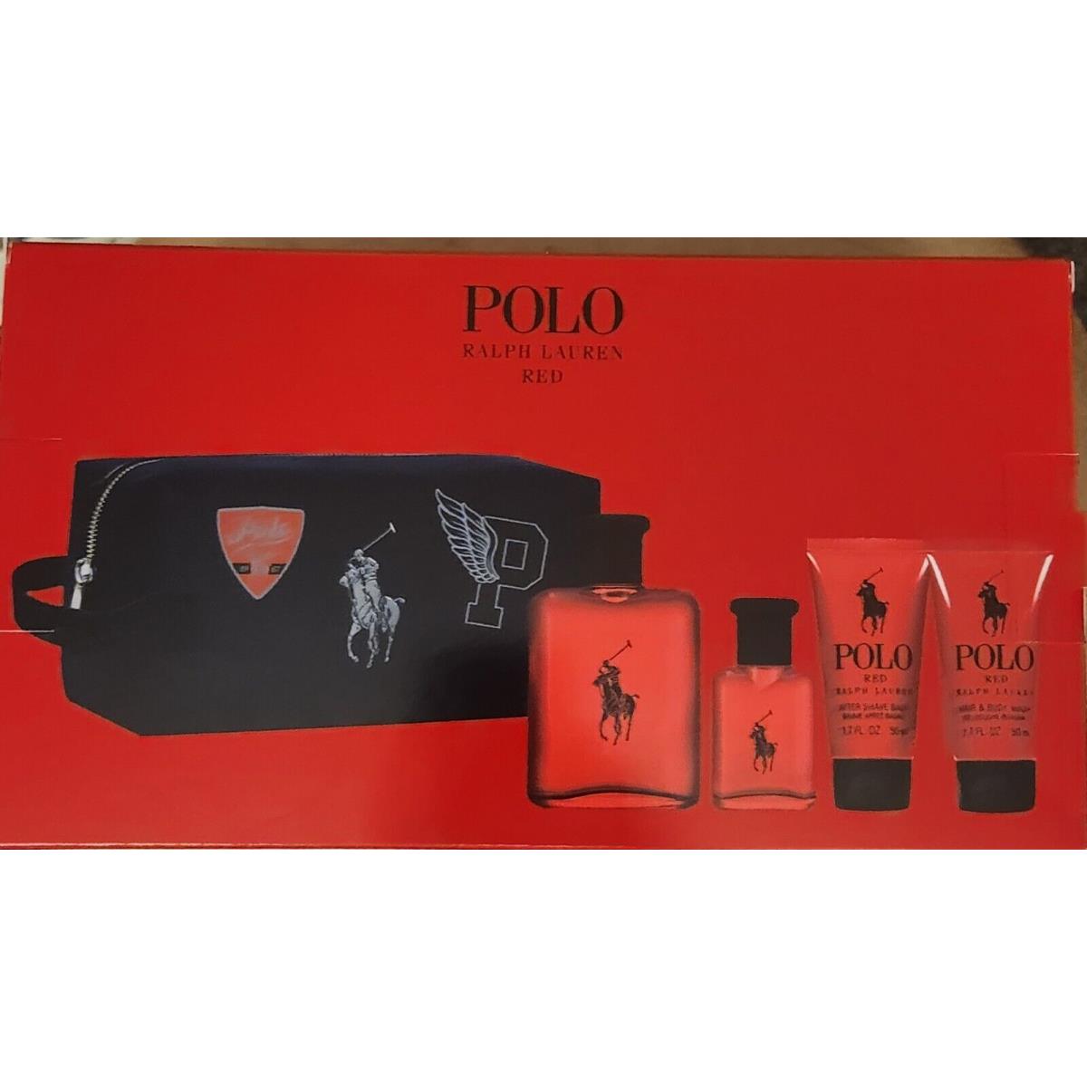 Polo Red by Ralph Lauren 5 pc Gift Set 4.2 oz 1.36oz Edt A/s Wash+travel Bag