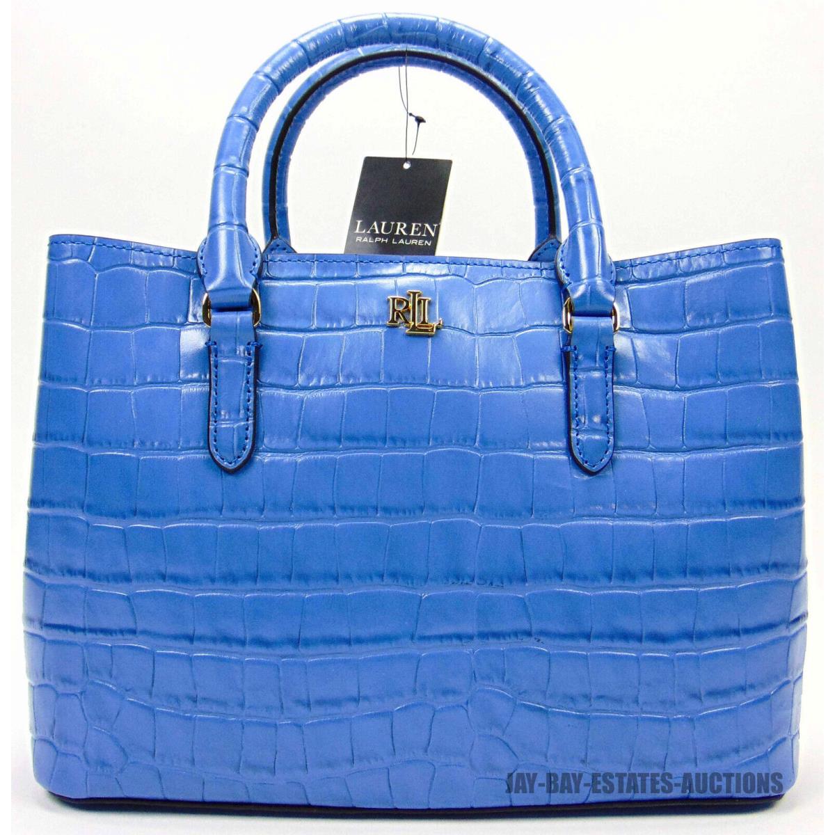 Lauren Ralph Lauren Marcy 26 Satchel Medium Embossed Leather Blue Crocodile