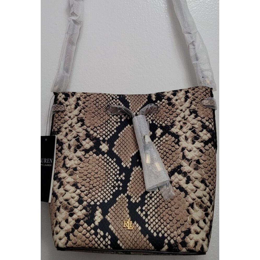 Lauren Ralph Lauren Drawstring Bucket Bag Black Brown Animal Print 10x8.5