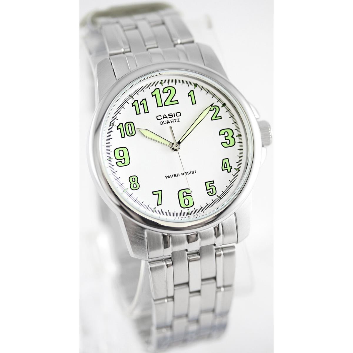 Casio Men`s White Analog Steel Band Green Numbers Watch MTP-1216A-7B