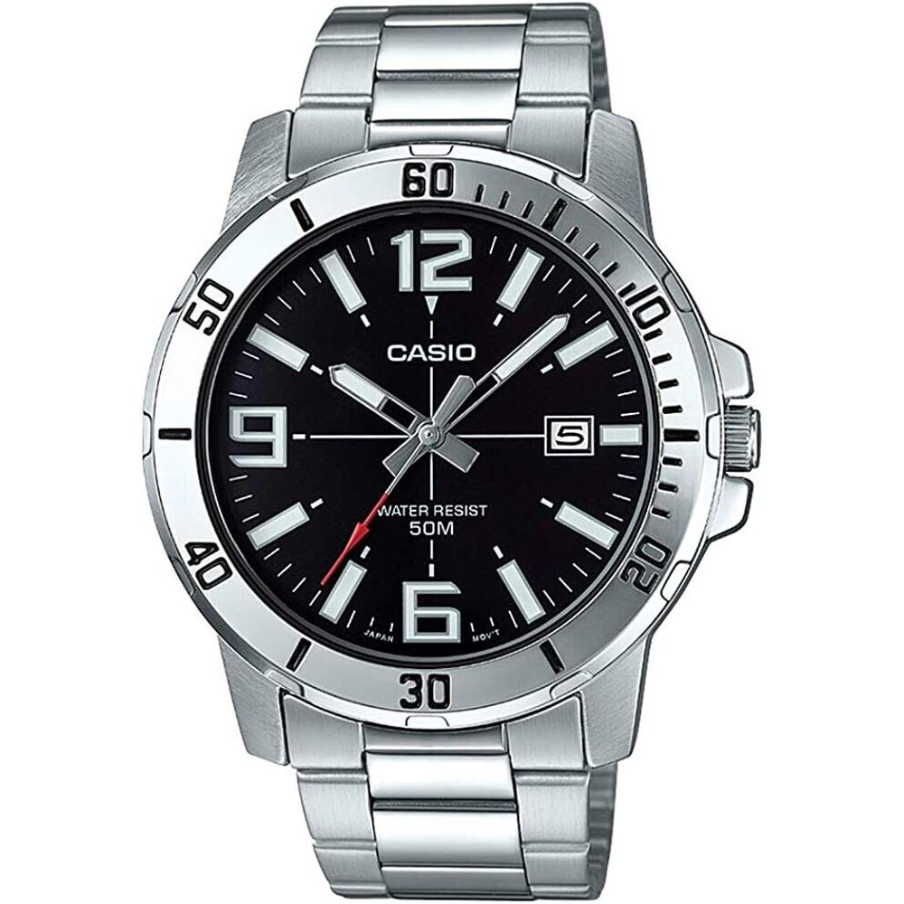 Casio MTP-VD01D-1BV Men`s Enticer Stainless Steel Black Dial Casual Sport Watch - Dial: Black, Band: Silver, Bezel: Silver