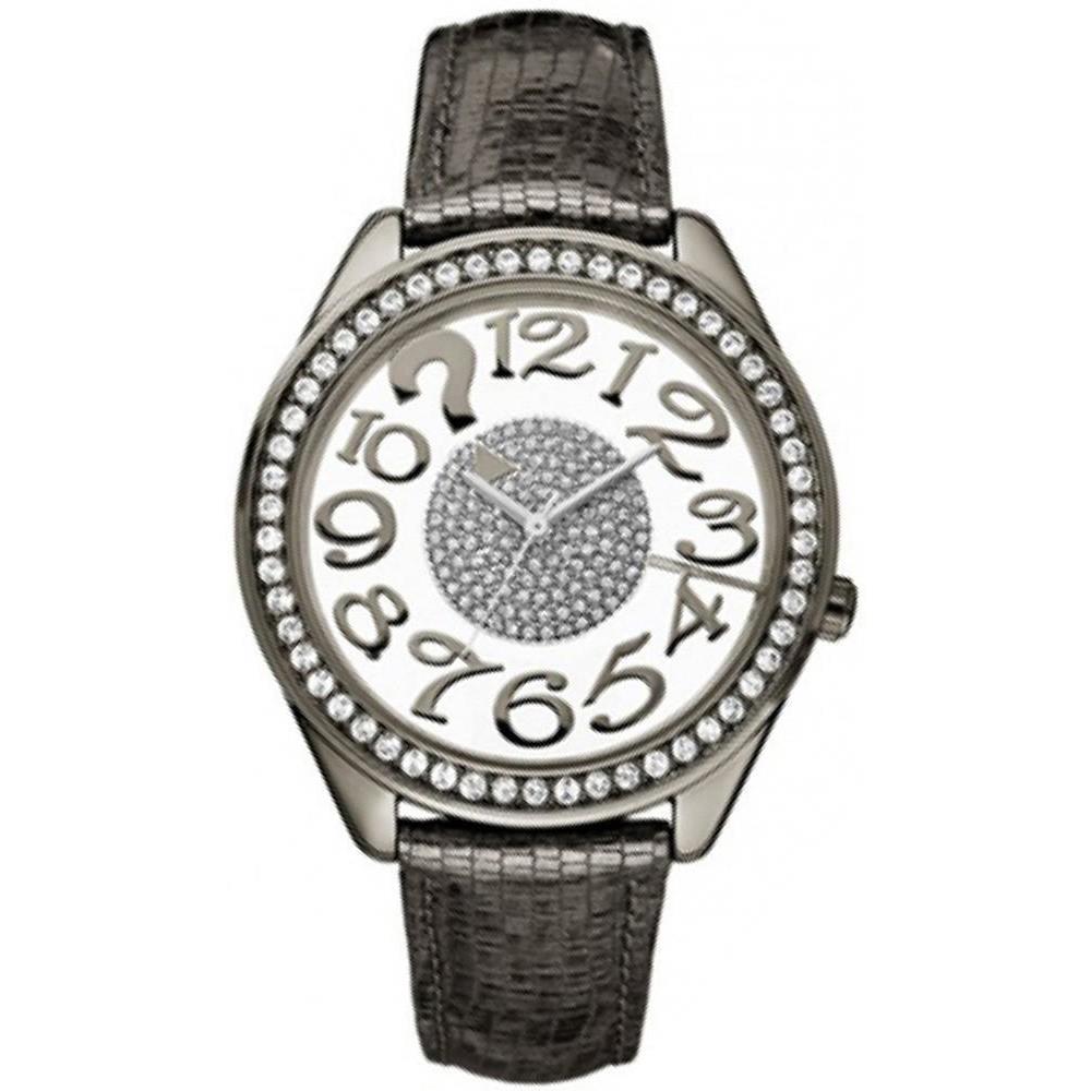 Guess Gunmetal Leather Crystals Glitz Clearly Quiz Clear Dial WATCH-W13096L2