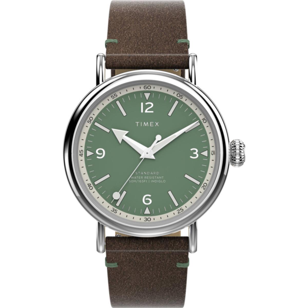 Timex Men`s Watch Standard White and Green Dial Brown Leather Strap TW2V71200VQ