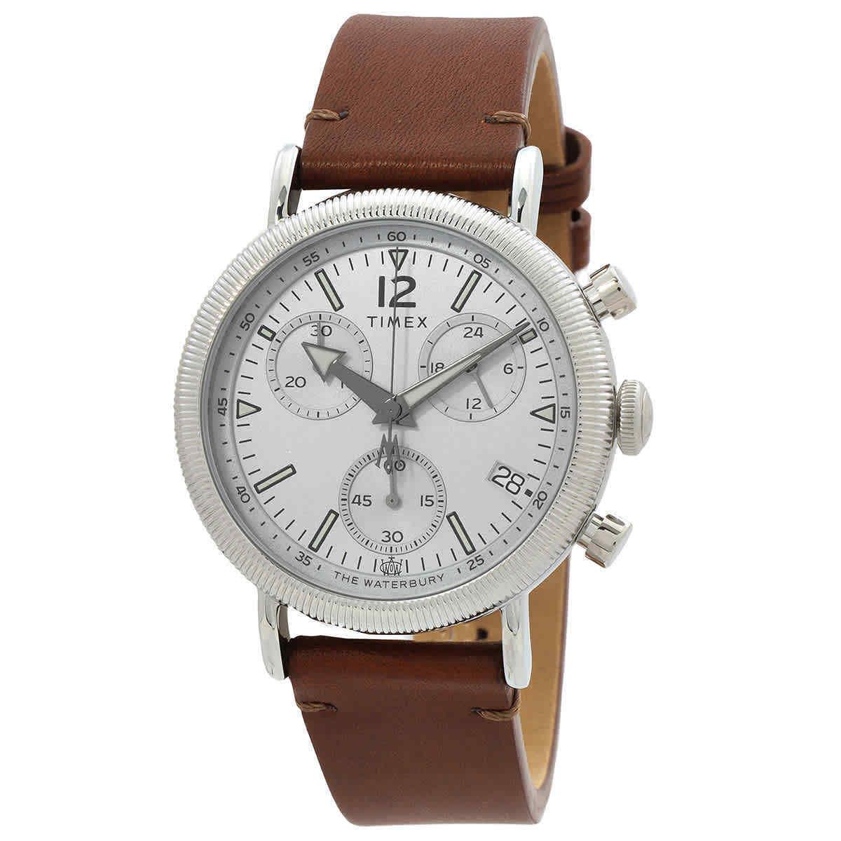 Timex Waterbury Chronograph Quartz Silver Dial Men`s Watch TW2W20800 - Dial: Silver, Band: Brown, Bezel: Silver-tone