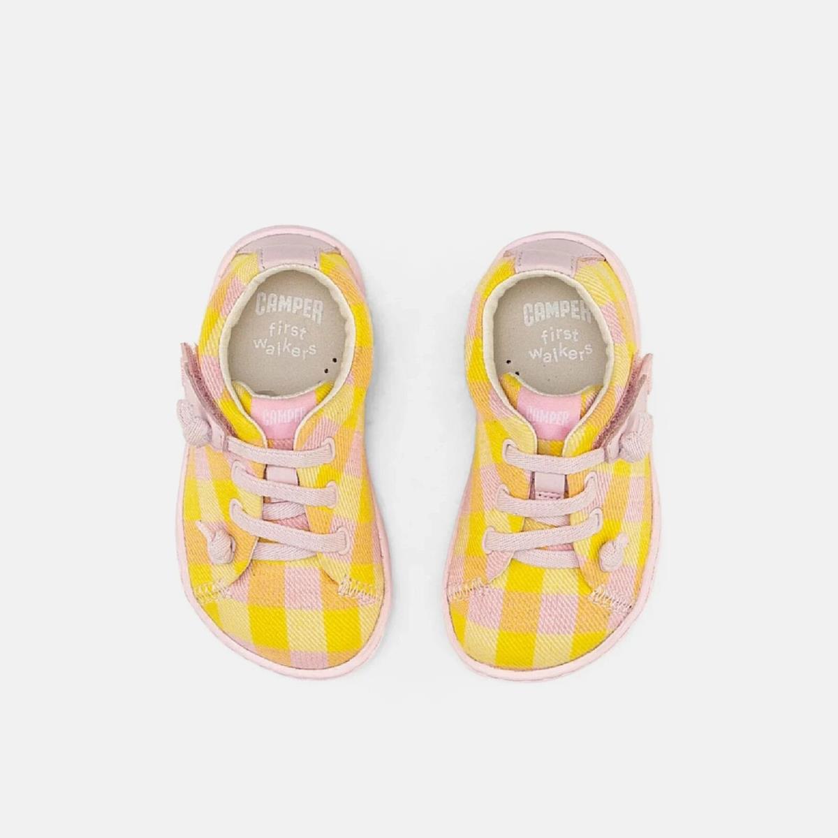 Camper Kids Baby Peu Yellow / Pink Plaid Leather Sneakers Shoes