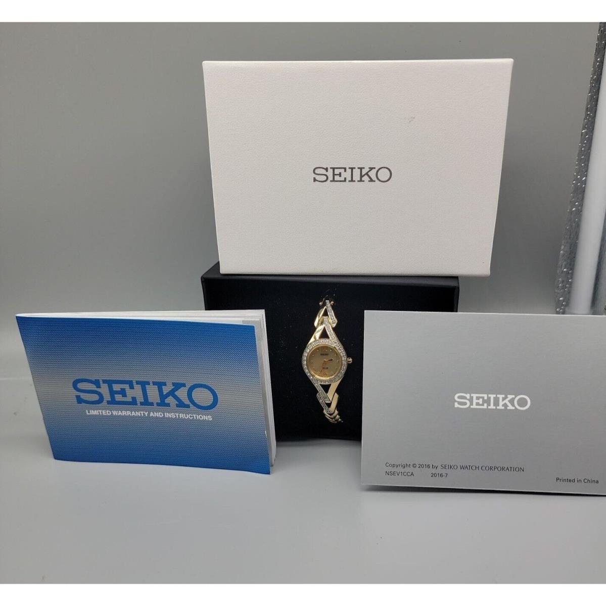 Seiko Solar Ladies Watch Swarovski Crystal Bezel Band 24k Gold Plated 7.5 23mm