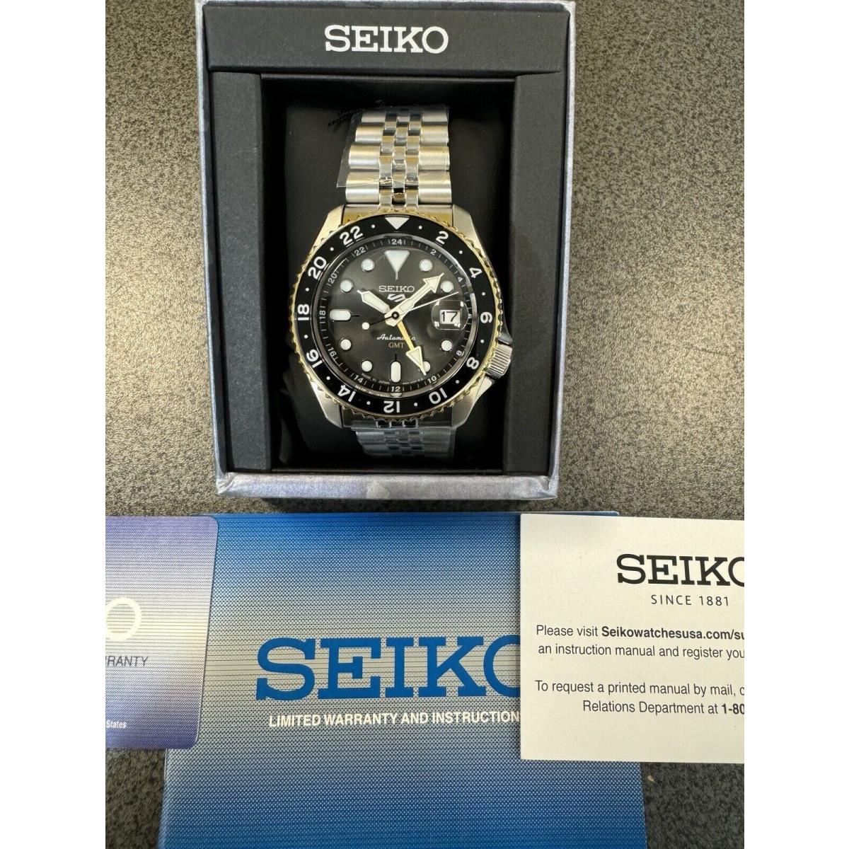 Seiko 5 Automatic Gmt Steel Band Black Dial Gold Bezel Watch SSK021 Japan Made