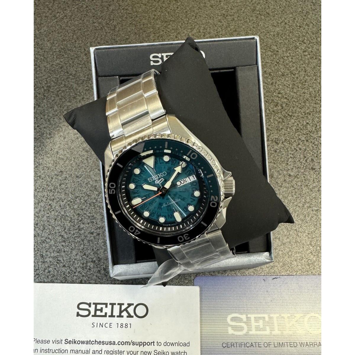 Seiko 5 Automatic Teal Transparent Dial Steel Bracelet Men`s Watch SRPJ45 Japan