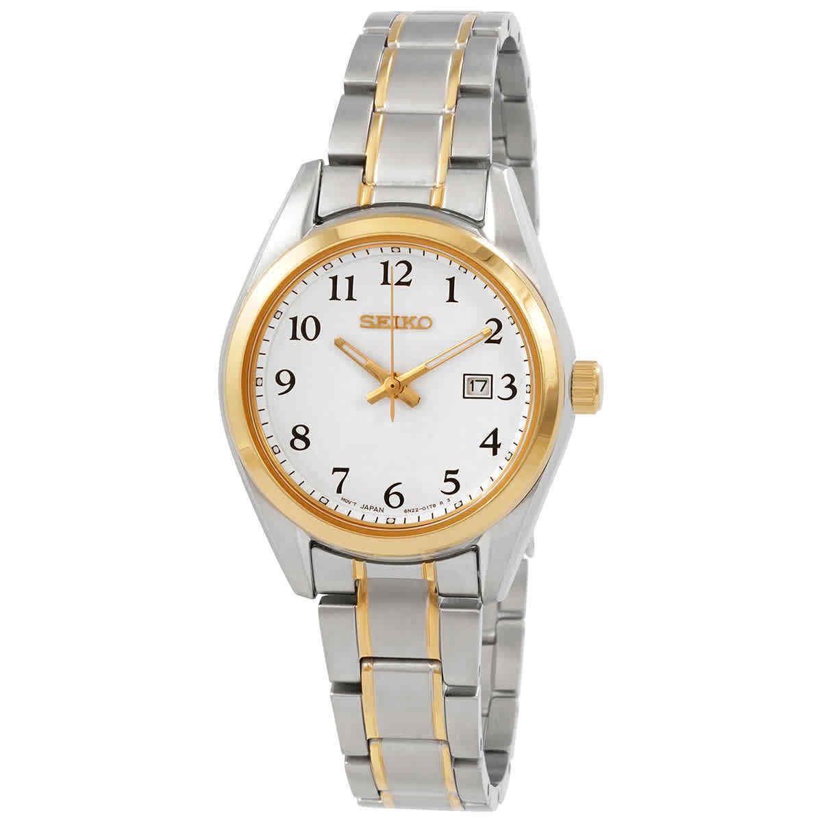 Seiko Core Quartz White Dial Ladies Watch SUR466P1 - Dial: White, Band: Silver, Bezel: Gold