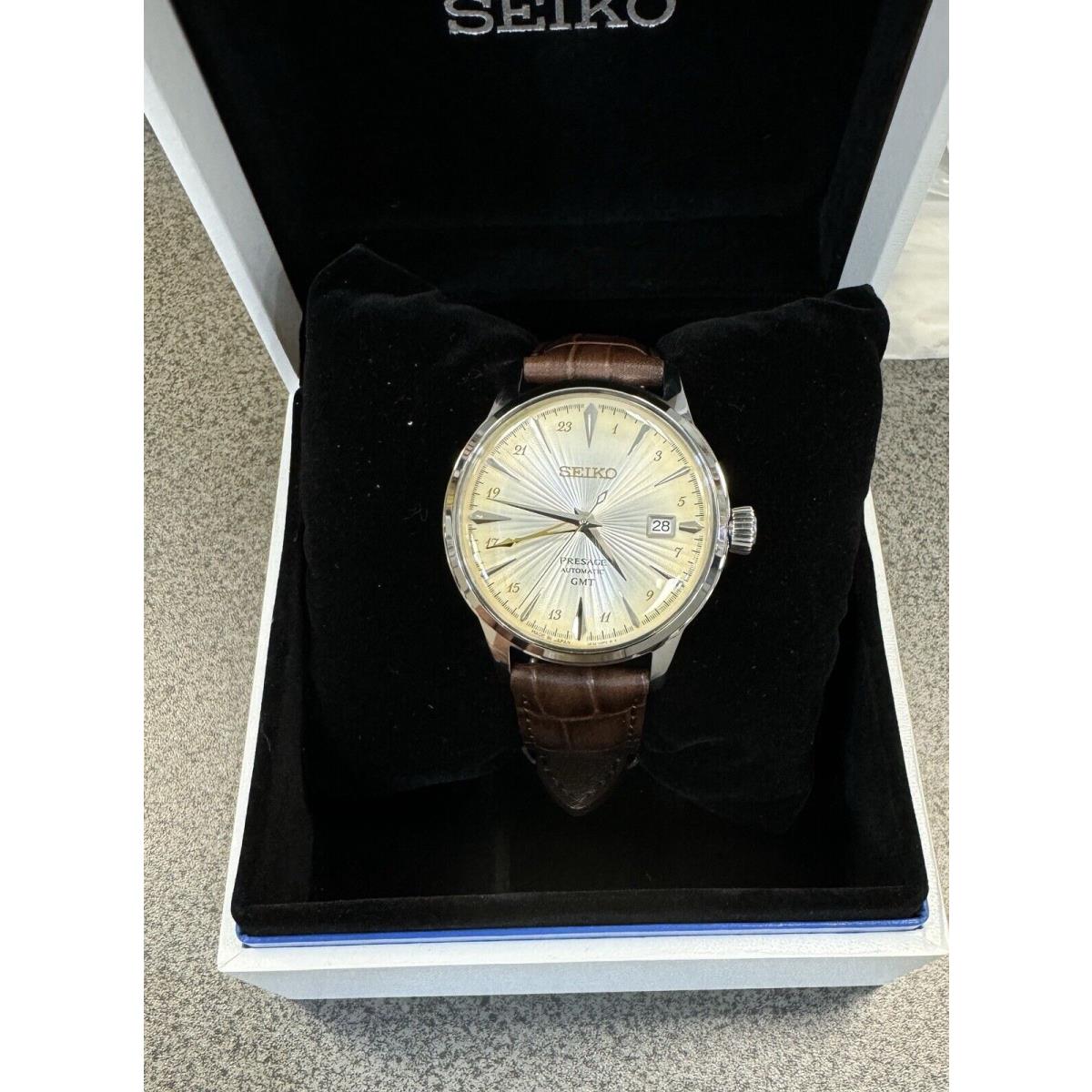 Seiko Presage Gmt Cream Dial Cocktail Time Brown Leather Band Men s Watch SSK041