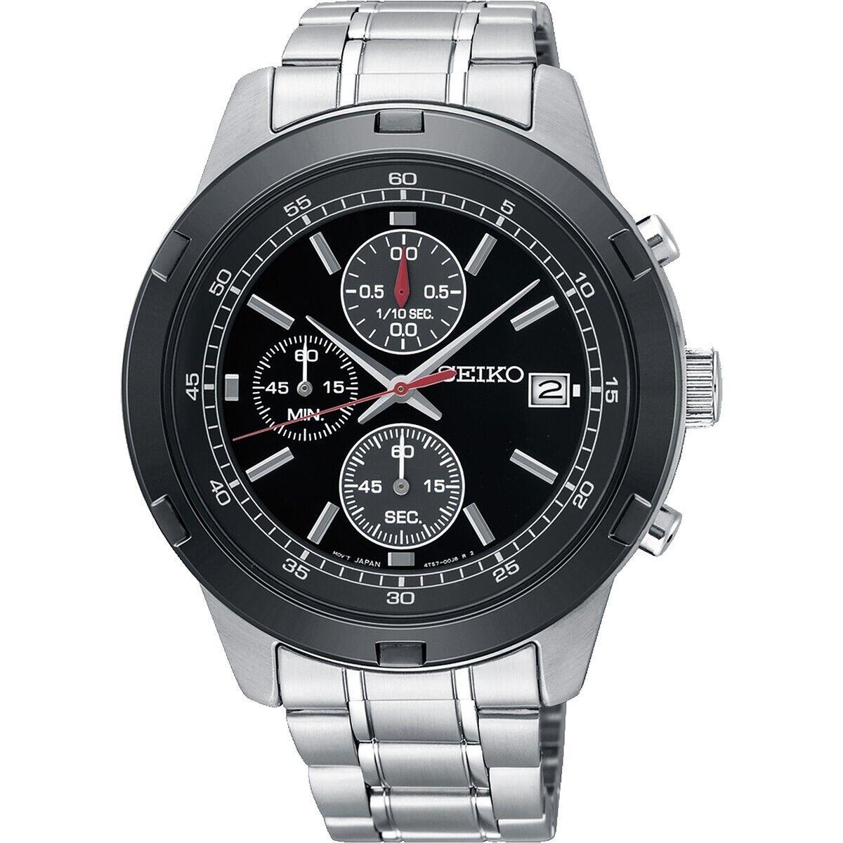 Seiko Chronograph Stainless Steel Mens Quartz Watch SKS619 Black Bezel