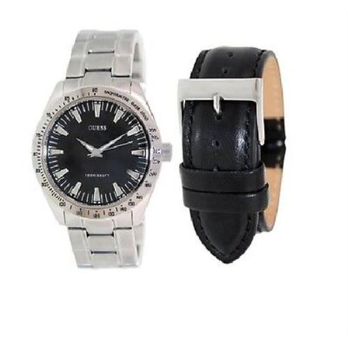Guess Silver Tone+black Leather Interchangeable 2 Two PC Band Set Watch U10584G1