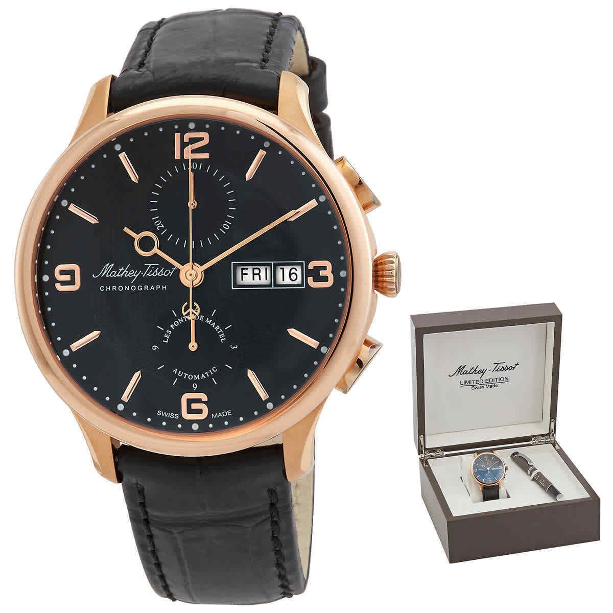 Mathey-tissot Edmond Chrono Automatic Chronograph Black Dial Men`s Watch - Dial: Black, Band: Black, Bezel: Rose Gold-tone