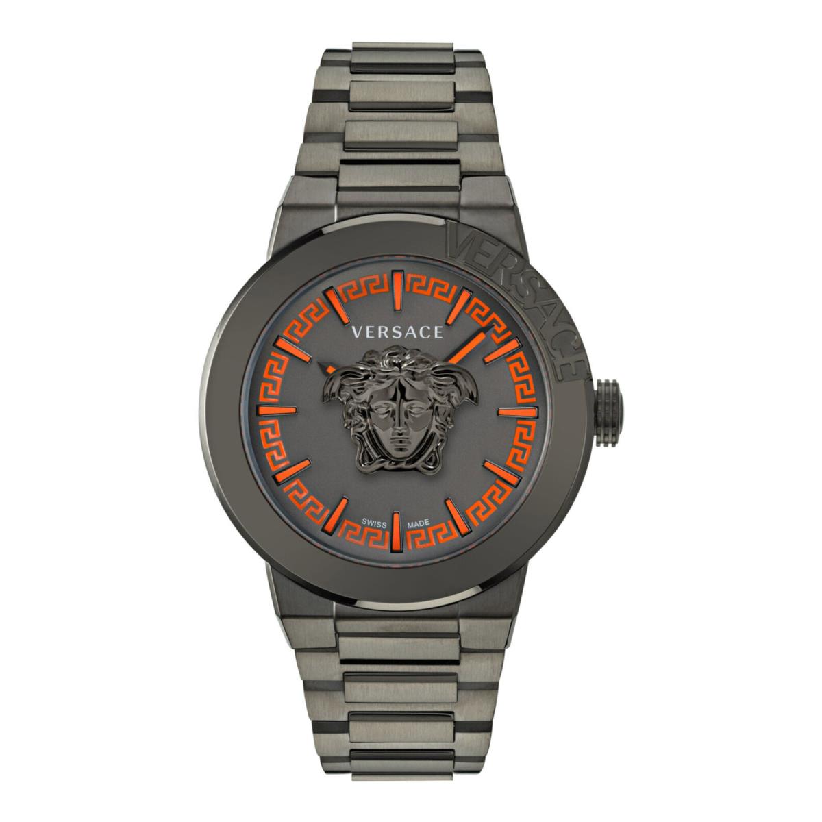 Versace Mens Medusa Infinite Grey 47mm Bracelet Fashion Watch - Dial: Black, Band: Gray, Bezel: Grey