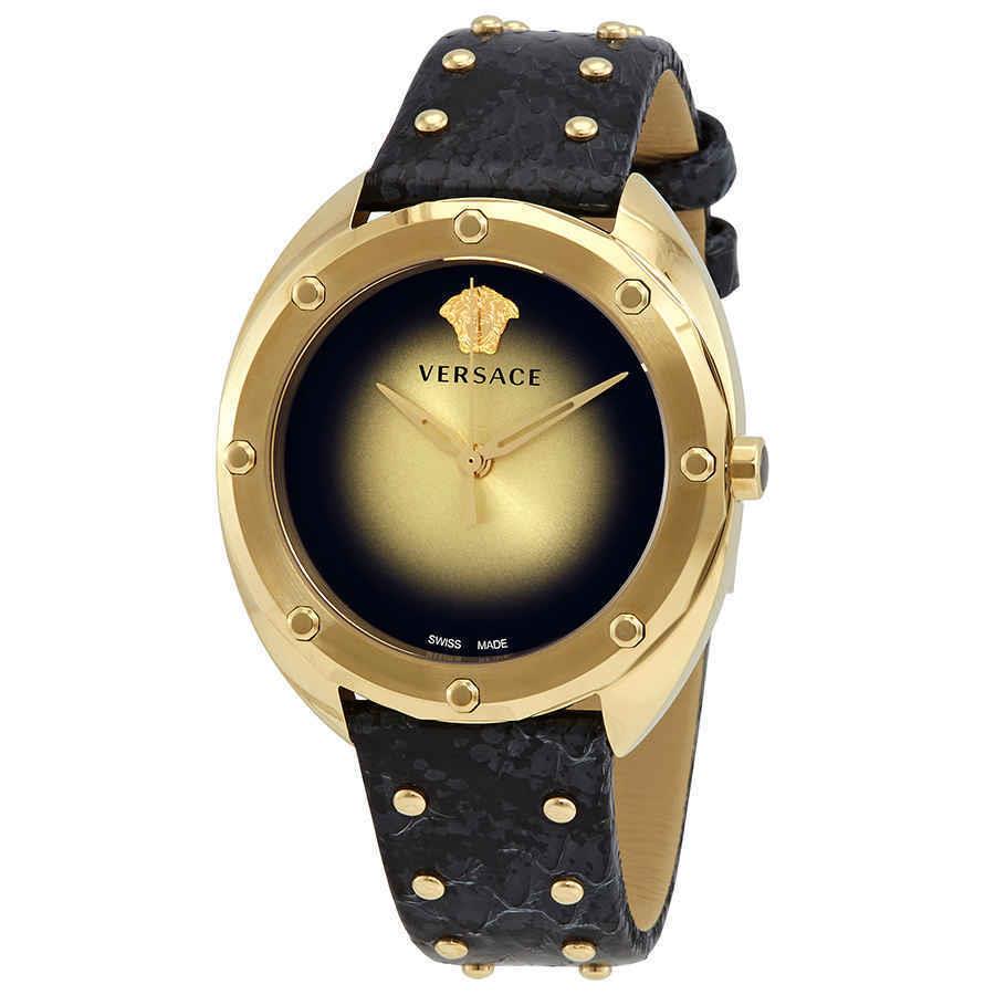 Versace Shadov Quartz Champagne Dial Ladies Watch VEBM00318 - Dial: Champagne, Band: Black, Bezel: Yellow Gold-tone