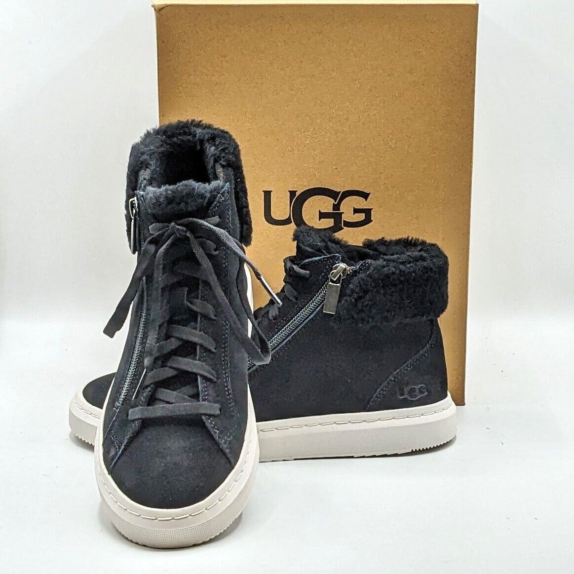 Ugg Alameda Mid Zip Women s Real Fur Lined Black Suede Leather Sneakers