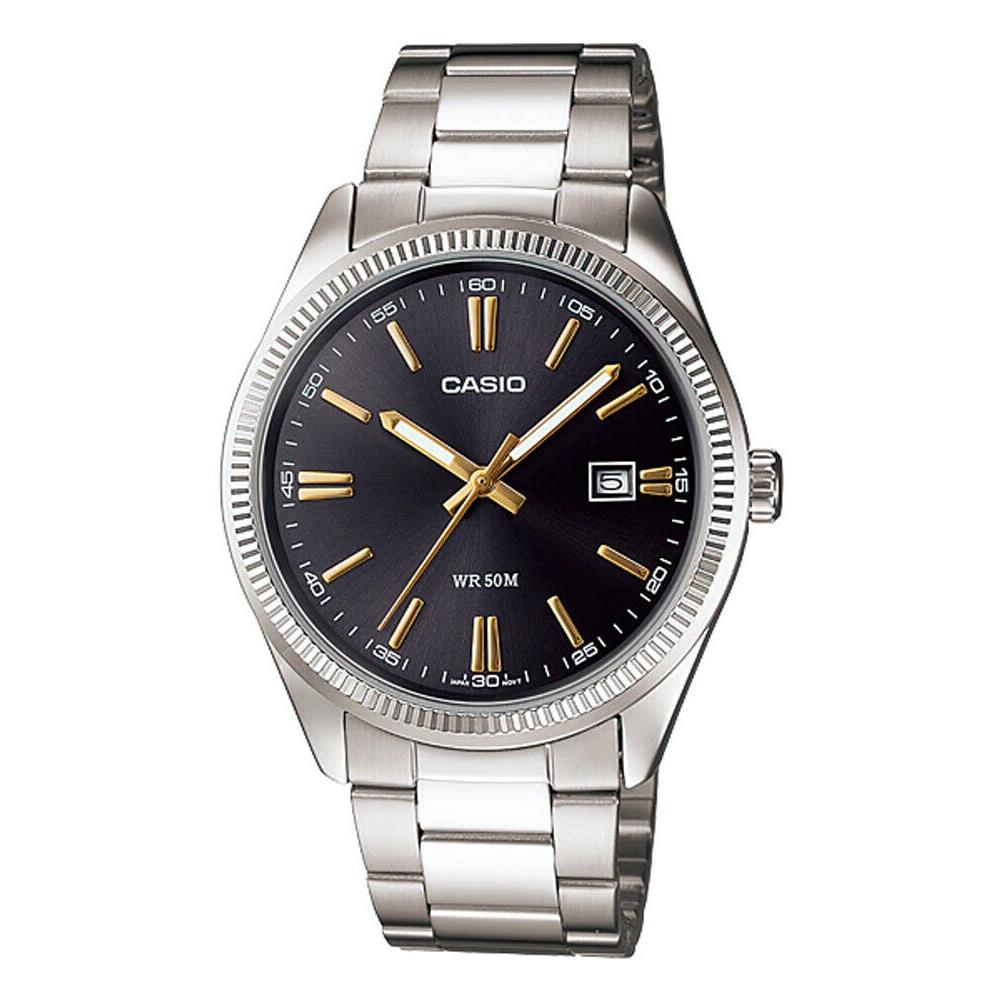 Casio LTP1302D-1A2V Women`s Enticer Fluted Bezel Black Dial 3-Hand Analog Watch - Dial: Black, Band: Silver, Bezel: Silver