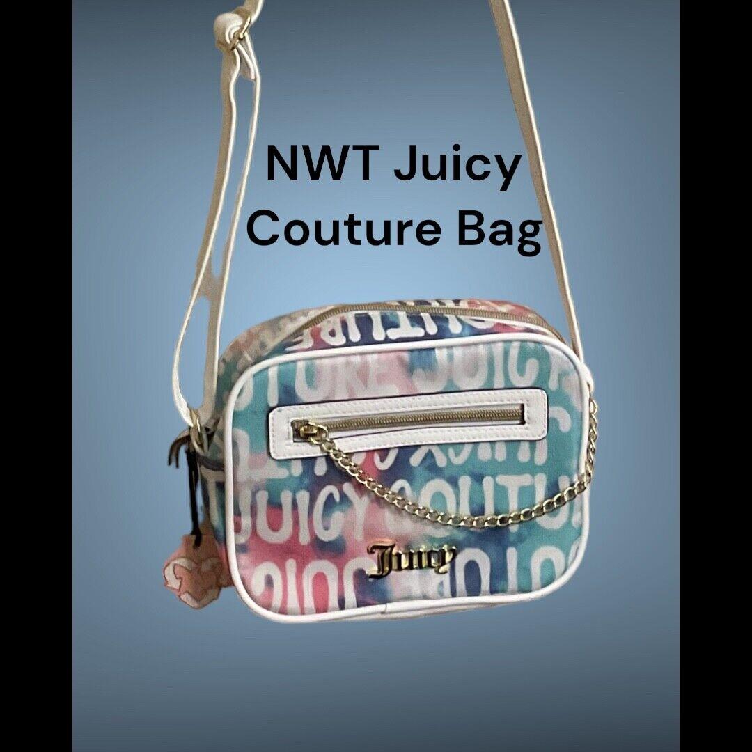 Juicy Couture White Art Graffiti Pink Purple Aqua Crossbody Purse Bag