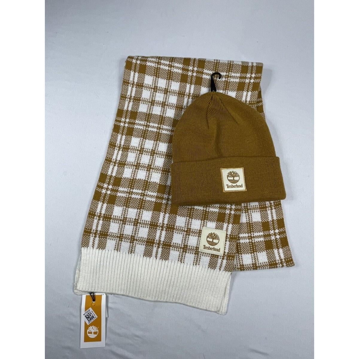 Timberland Logo Beanie Scarf Watch Cap Ribbed Knit Square Patch Brown Osfa