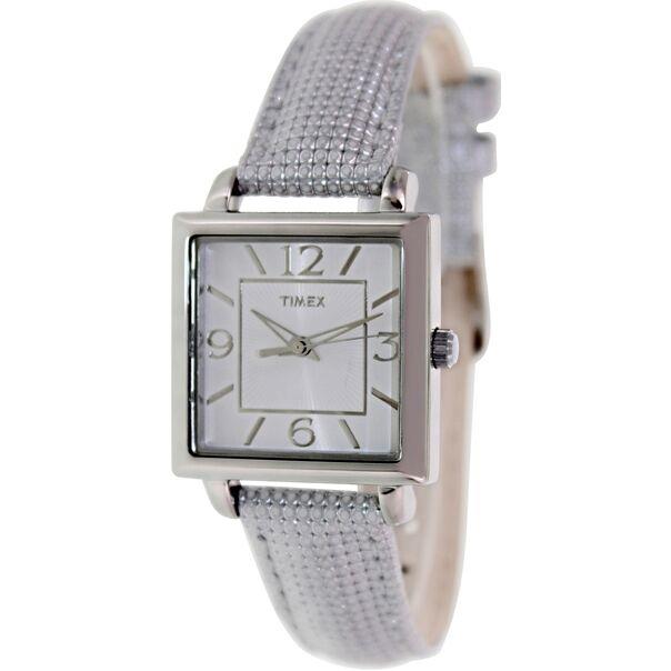 Timex Silver Tone Metallic Silver Canvas Leather Band Square WATCH-T2P378