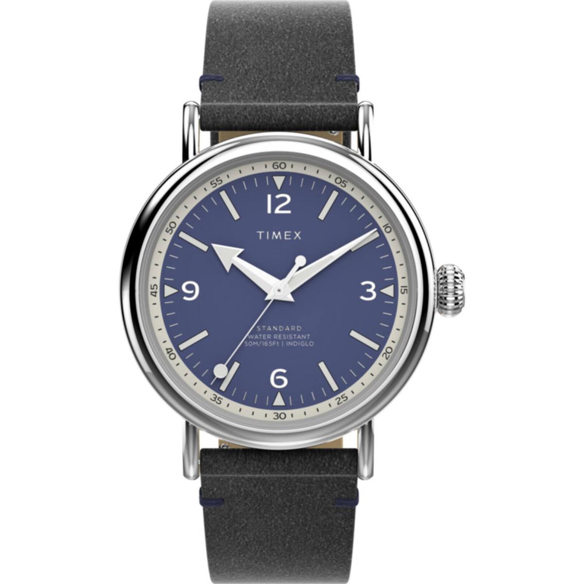 Timex Men`s Watch Standard Blue and White Dial Black Leather Strap TW2V71300VQ