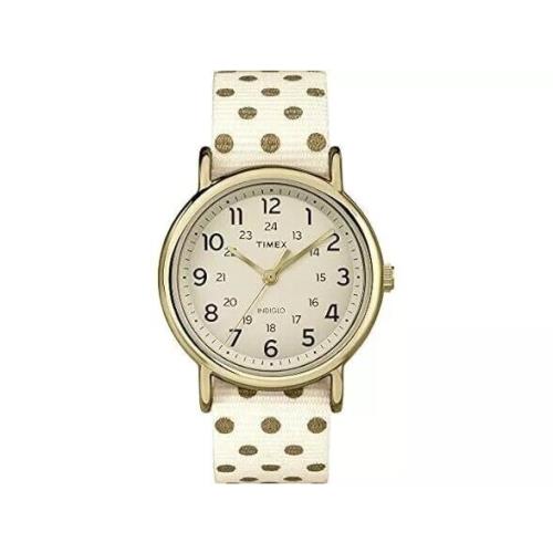 Timex Weekender Watch Women Indiglo 38mm Gold Tone Polka Dot Band TW2P66100