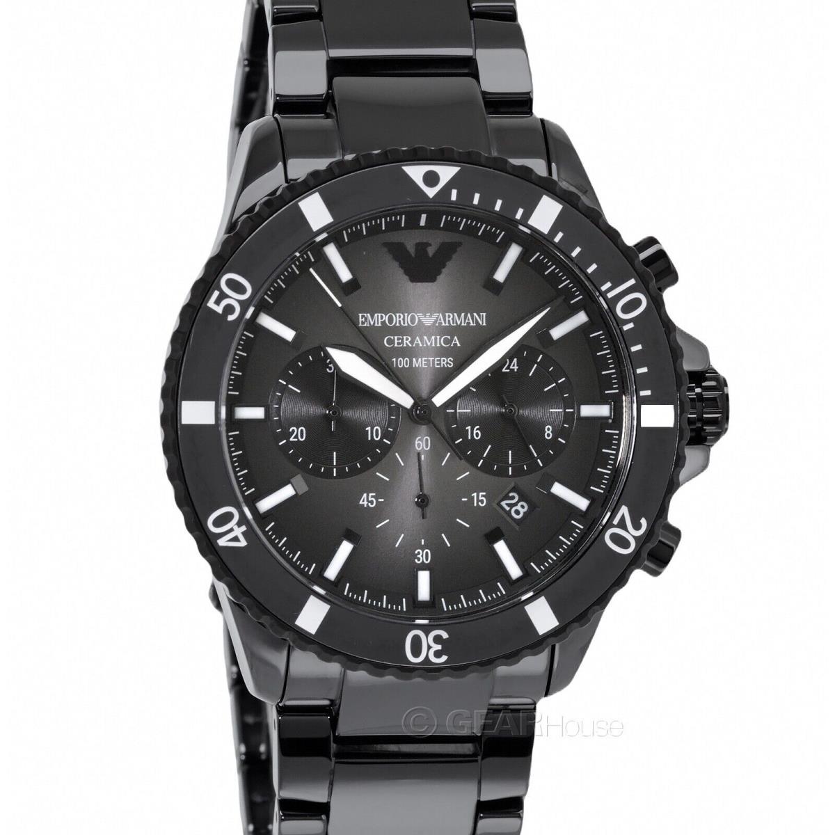 Emporio Armani Mens Black Ceramic Chronograph Diver Watch AR70010 - Dial: Black, Gray, Band: Black, Bezel: Black