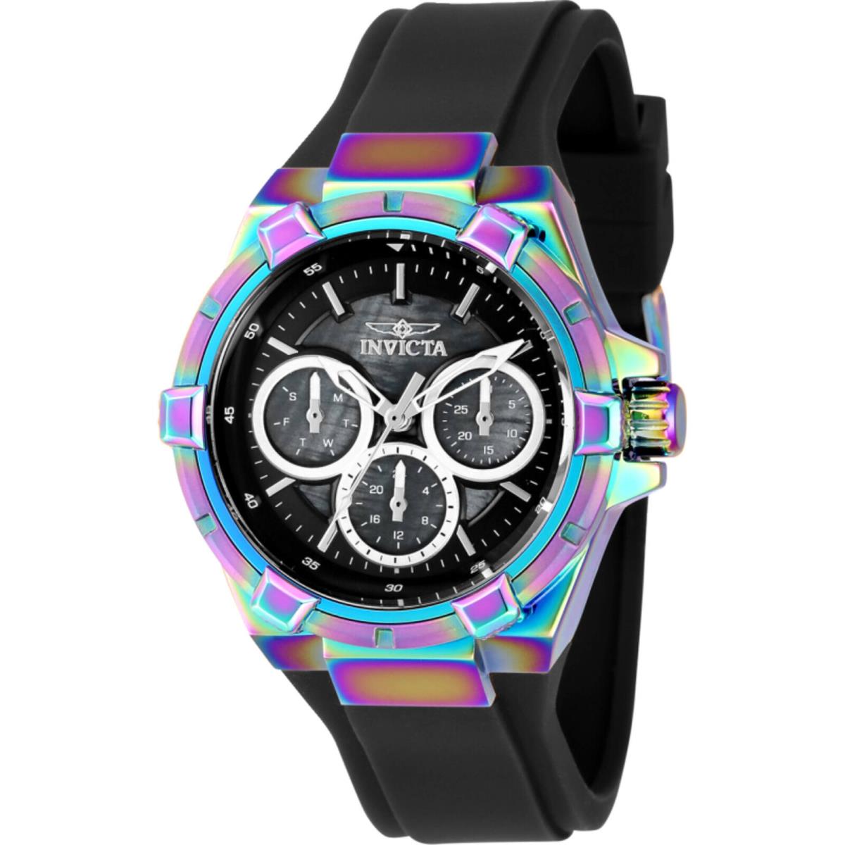 Invicta Women`s Watch Aviator Quartz Black Silicone Rubber Strap Day-date 37309 - Dial: Black, Mother of Pearl, Band: Black