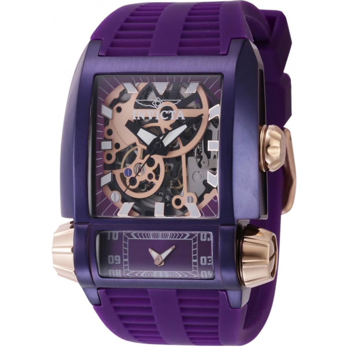 Invicta Men`s Watch Akula Dual Time Automatic and Quartz Purple Strap 41733 - Dial: Purple, Rose Gold, Skeleton, Band: Purple