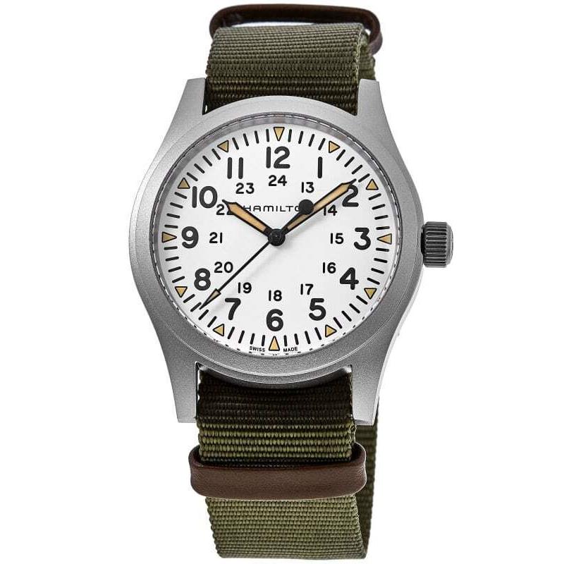 Hamilton Khaki Field Mechanical White Dial Textile Men`s Watch H69529913 - Face: White, Dial: White, Band: Khaki