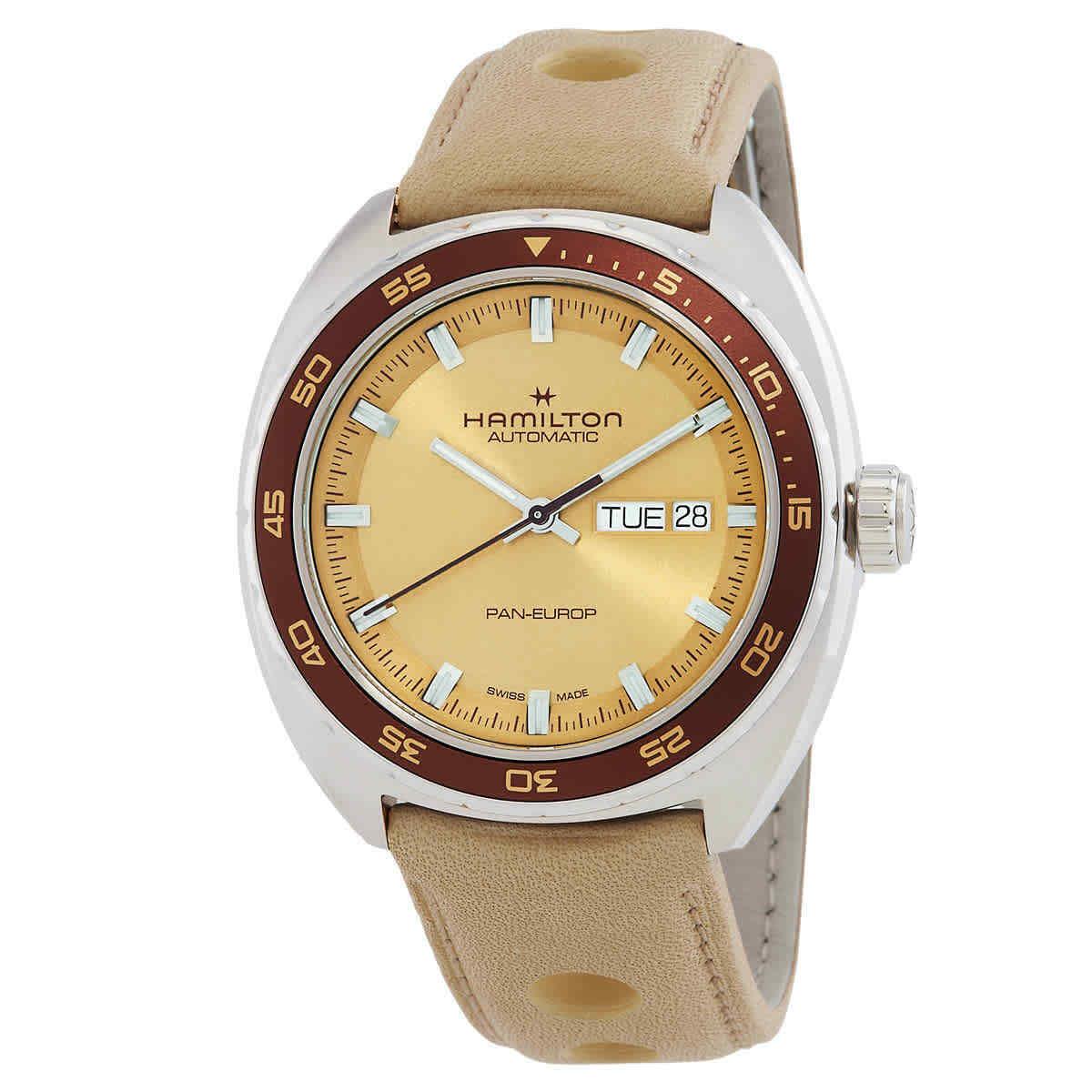 Hamilton American Classic Pan Europ Day Date Automatic Beige Dial Men`s Watch - Dial: Beige, Band: Beige, Bezel: Brown