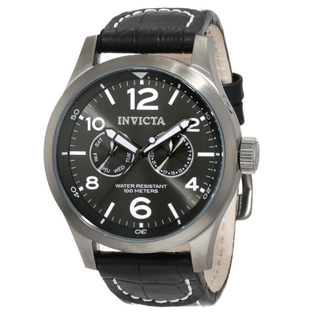 Invicta 10492 Men`s Specialty Swiss Gunmetal IP Steel Leather Strap Quartz Watch