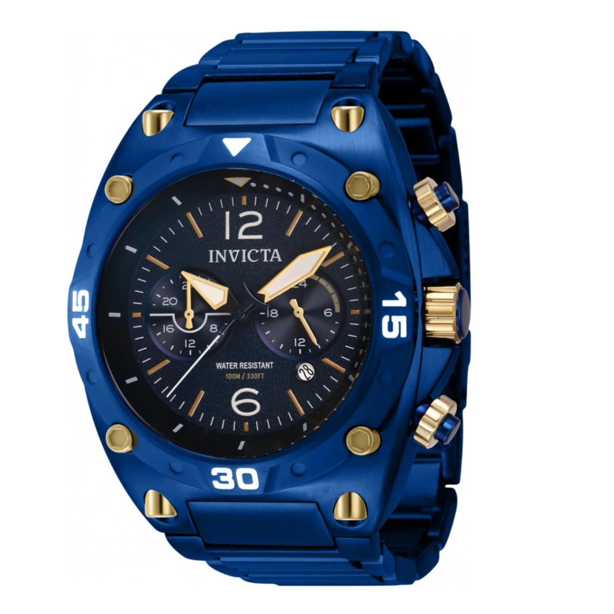 Invicta Aviator 24-hour Dual Time Men`s 50mm Ultra Blue Stainless Watch 40267 - Dial: Black, Gold, Multicolor, White, Band: Blue, Bezel: Blue, Gold, White