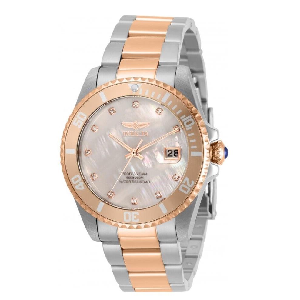 Invicta Pro Diver Women`s 38mm 11-Diamonds White Mop Dial Quartz Watch 31704