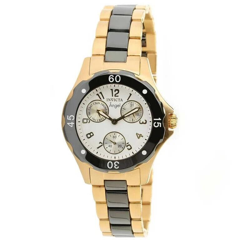 Invicta 1656 Angel Watch Gold and Black Stainless Steel Ceramic Women`s Watch - Dial: Black, White, Band: Black, Gold, Bezel: Black