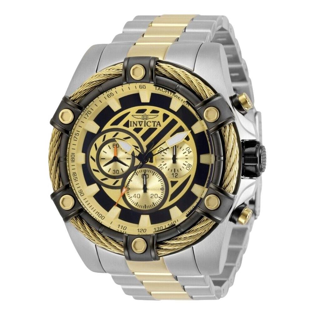 Invicta Bolt Cable Men`s 52mm Black and Gold Stainless Chronograph Watch 35136 - Dial: Black, Gold, Multicolor, Yellow, Band: Silver, Bezel: Black, Gold, Yellow