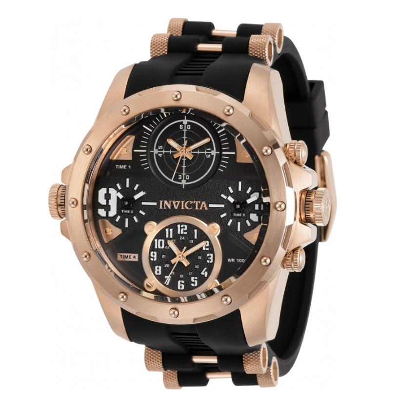 Invicta Coalition Forces Men`s 50mm 4-Time Zones Rose Gold Military Watch 31142 - Dial: Black, Band: Black, Bezel: Rose Gold